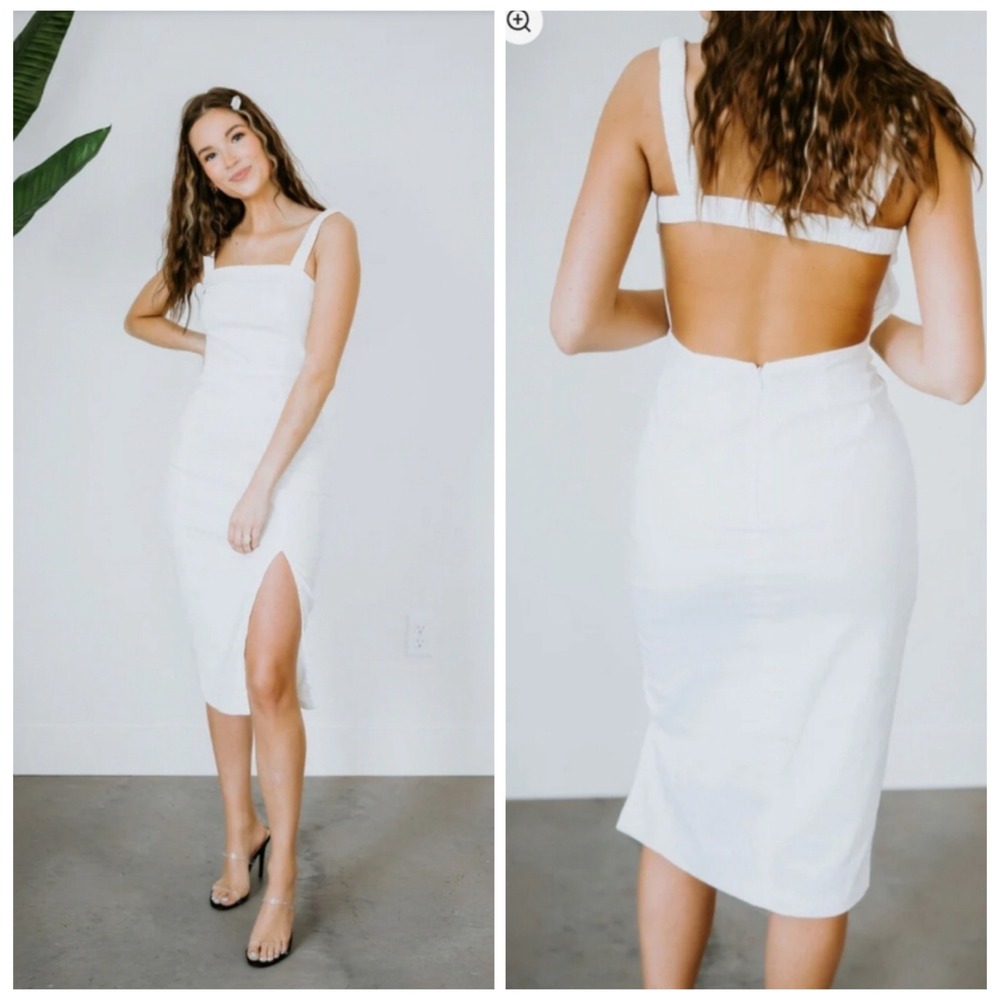Mable Midi Dress Womens Size M White Open Back Slit Minimalist Resort